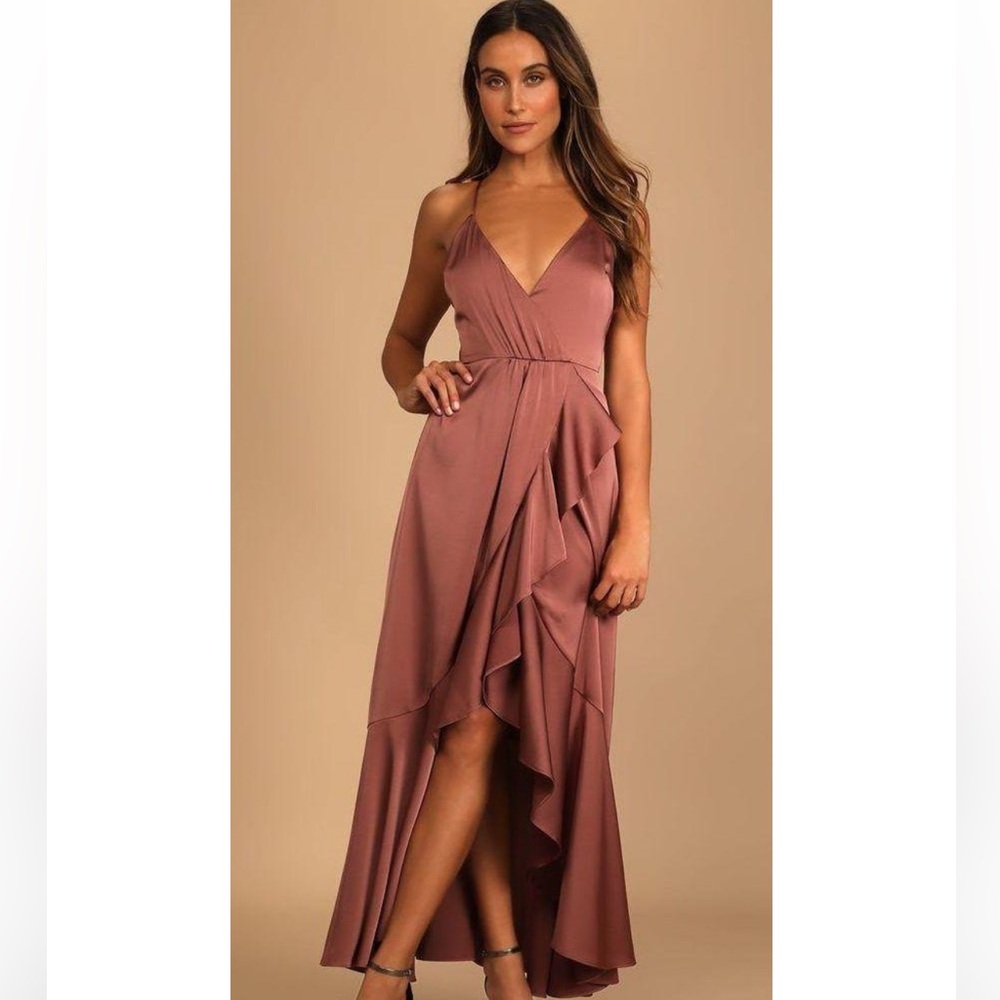 Lulu’s Enchanted Moments Mauve Pink Satin Ruffled High-Low Dress